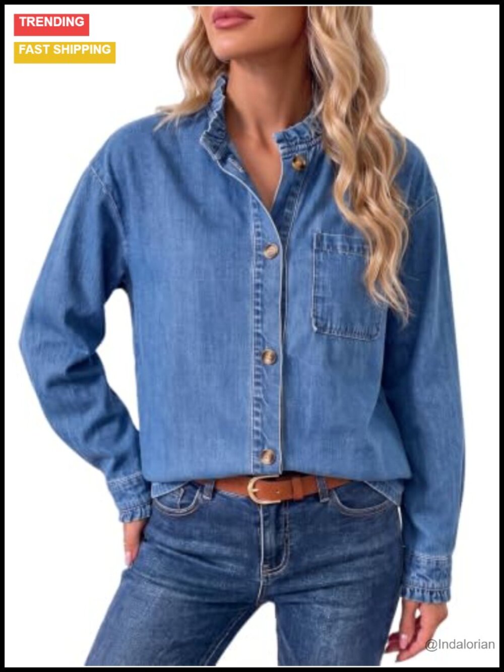 Womens Denim Button Down Shirt Ruffle Neck Long Sleeve Casual Blouse